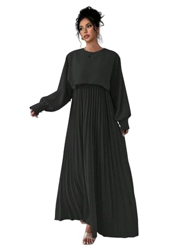 LITZO Dress for Women || Women’s Solid Pleated Maxi Dress || Modest Long Sleeve Loose Fit Flowy Gown for Casual, Office &amp; Brunch || Lightweight Comfortable Western Outfit (T-L-17-18)
