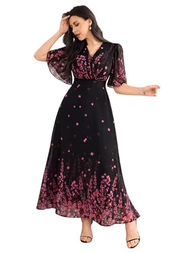 Women's Georgette Dresses Floral Printed One Piece | V Neck Flutter Sleeve Casual Summer Dress with Belt | Elegant Office Wear &amp; Party Dress