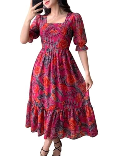 SMOWKLY Women's Georgette Floral Printed Western Gown  Half Sleeve V Neck Fit & Flare Flared Hem Design  A-Line Maxi Dress Casual Wear