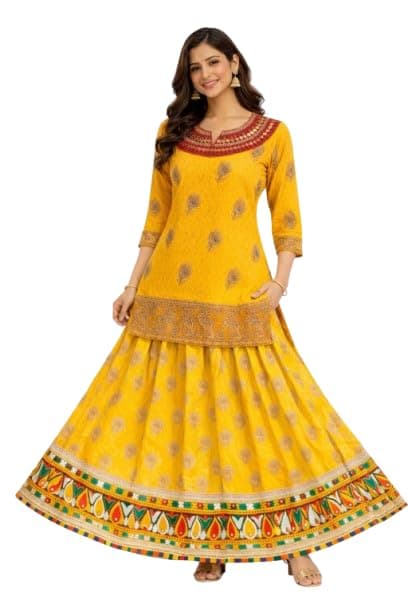 Women's Anarkali Kurta with Skirt, Yellow, Embroidered, Traditional Indian Ethnic Wear, 3/4 Sleeves