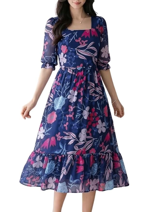 SMOWKLY Women's Georgette Floral Printed Western Gown  Half Sleeve V Neck Fit & Flare Flared Hem Design  A-Line Maxi Dress Casual Wear