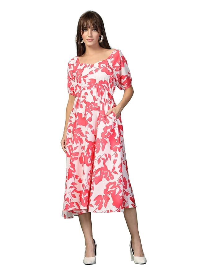 OOMPH! Below Knee Shift Pink Dress in Crepe Fabric with Round Neck and Puff Sleeves - md619l