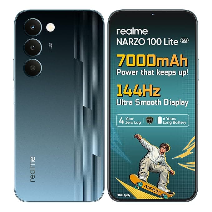 realme narzo 100 Lite 5G (Thunder Black,4GB+64GB) | 7000mAh Titan Battery | 4 Years, Zero Lag | 144 Hz Ultra Smooth Display | 6 nm Octa-core 5G Chipset | Color Pop Design | VC Cooling